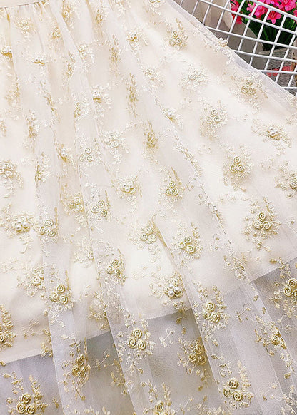Apricot Elastic Waist Embroideried Nail Bead Tulle Skirts Summer