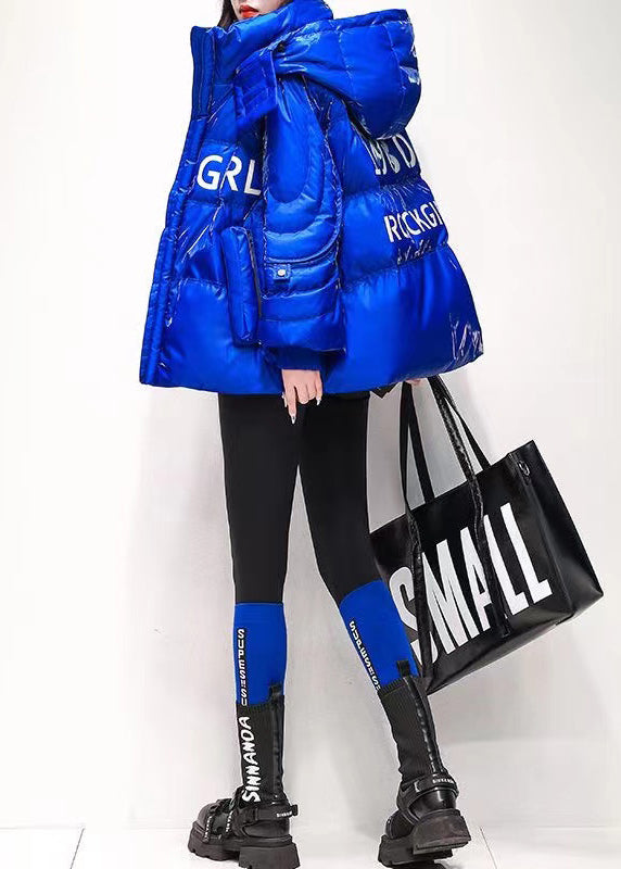 Red Zip Up Pockets Graphic Duck Down Hooded Coats Winter