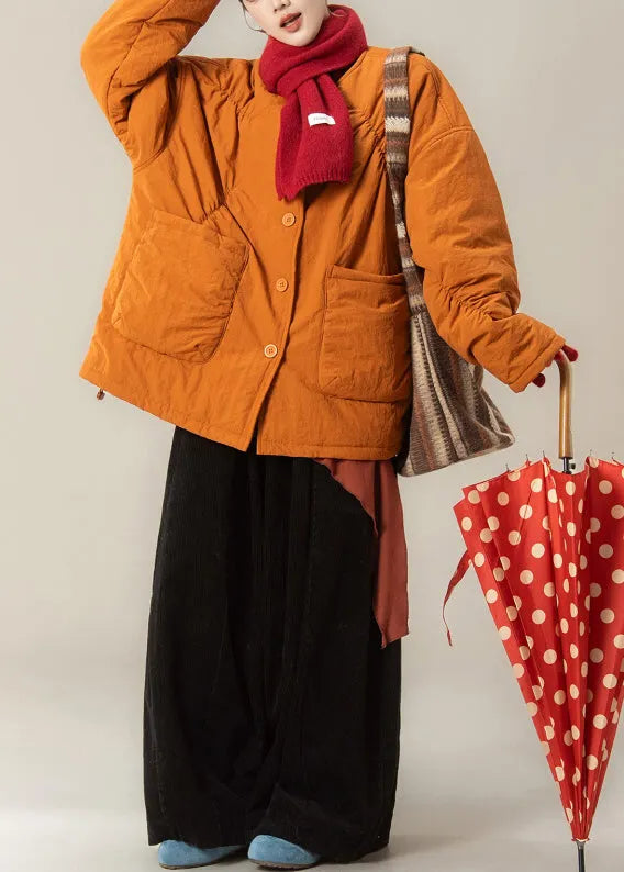 Loose Orange Pockets Parkas and Black Pants Cotton Filled Two Piece Set Winter