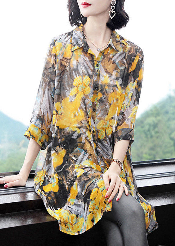 Yellow Peter Pan Collar Print Button Chiffon Dress Bracelet Sleeve