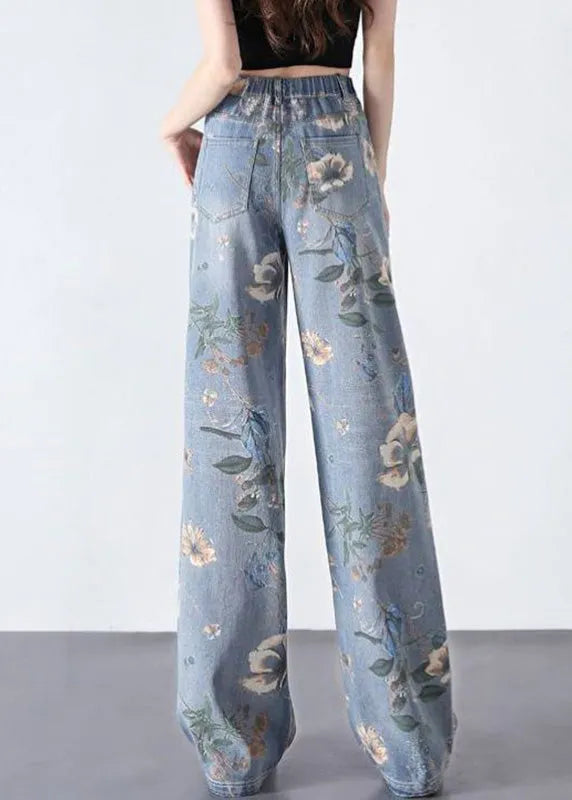 Diy Blue Print Zippered Long Straight Jeans