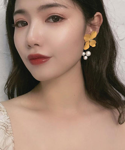 Yellow Metal Pearl Tassel Drop Earrings