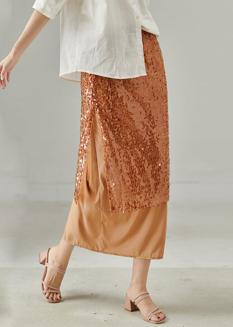 Art Brown Sequins Asymmetrical Design Two-piece Set Spring