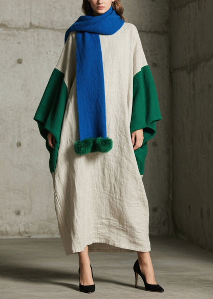 Loose Colorblock Patchwork Cotton Ankle Dress Batwing Sleeve
