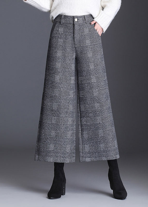 Italian Grey Plaid Pockets Straight Fall Pants