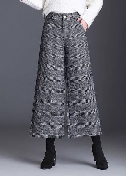 Italian Grey Plaid Pockets Straight Fall Pants