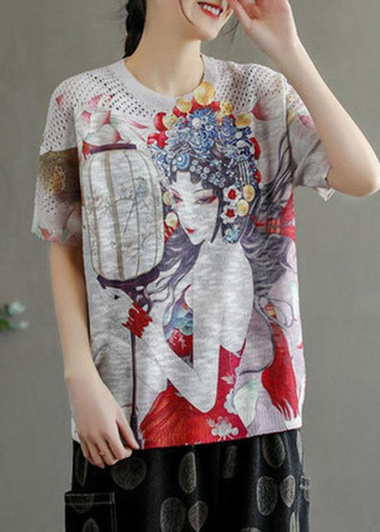 Italian White O-neck Print Summer Hollow Out Short Sleeve