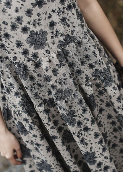 Grey O-neck Print Long Dress Short Sleeve
