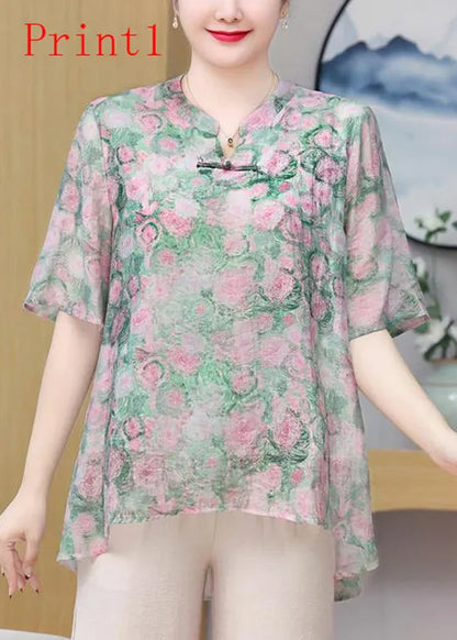 Print Oriental Button Chiffon Top Summer