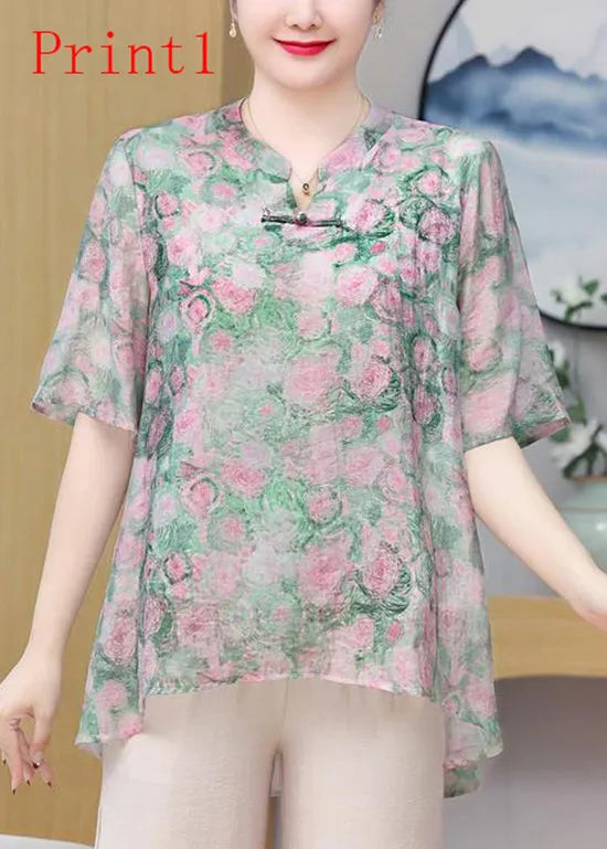 Print Oriental Button Chiffon Top Summer