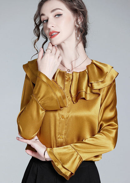 Style Gold Ruffled Patchwork Button Silk Shirt Flare Sleeve Spring