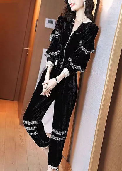 New Black Zippered Ruffled Velourtwo Pieces Set Spring