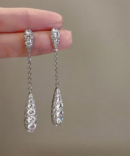 Silk Sterling Silver Zircon Water Drop Tassel Drop Earrings