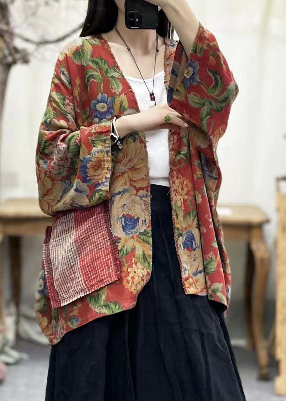 Print V Neck Pockets Cotton Cardigans Batwing Sleeve
