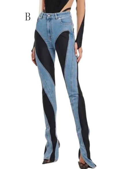 Hollow Out Tulle Patchwork Denim Trousers Fall
