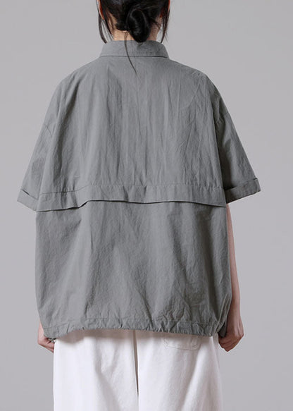 Grey Oversized Pockets Color Cotton Shirts Short Sleeve