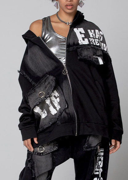 Black Zip Up Pockets Denim Coat Spring