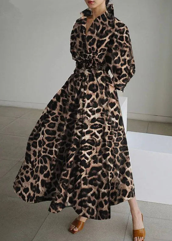 French Leopard Print Exra Large Hem Cotton Holiday Dresses Spring