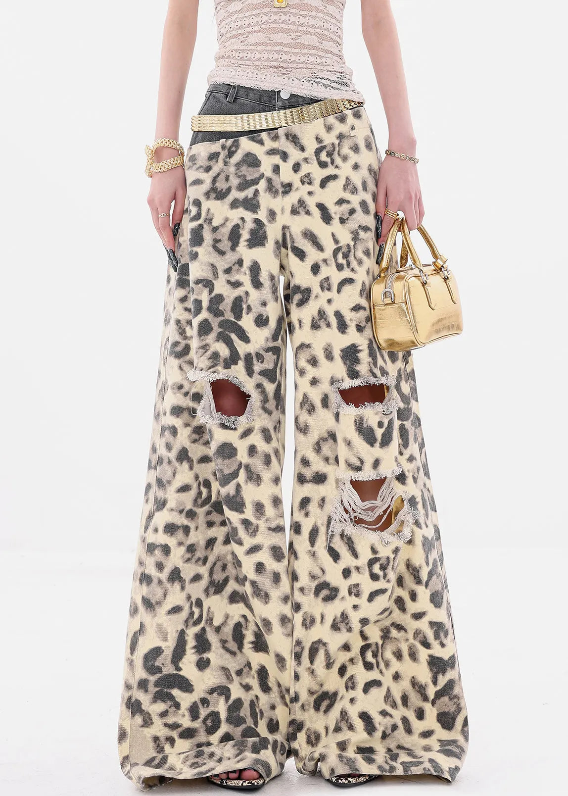 Unique Leopard Hole Patchwork Denim Wide Leg Pants Summer