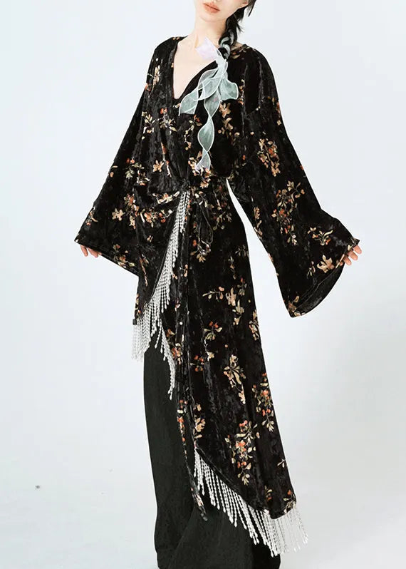 Black Asymmetrical Print Lace Up Velour Silk Dress Spring