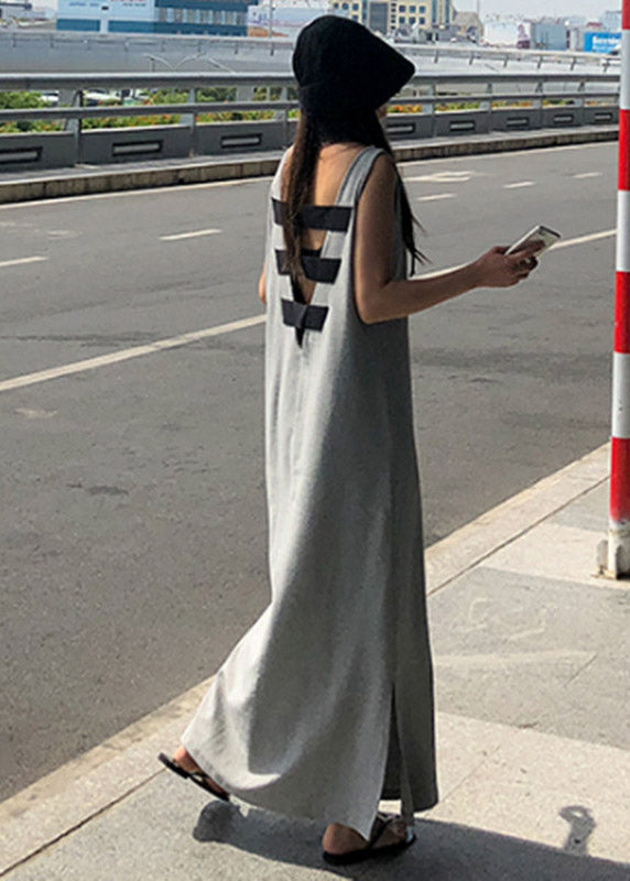 French Grey O-neck Backless Side Open Cotton Long Dress Sleeveless