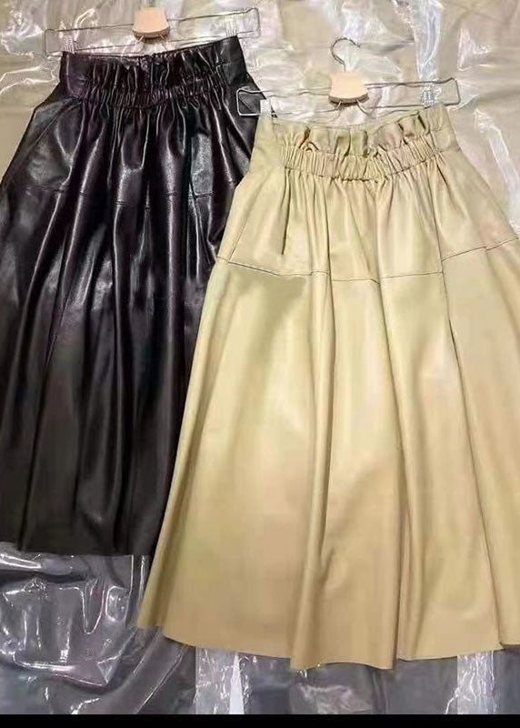 Black Pockets Wrinkled Patchwork Sheepskin Fall Skirt