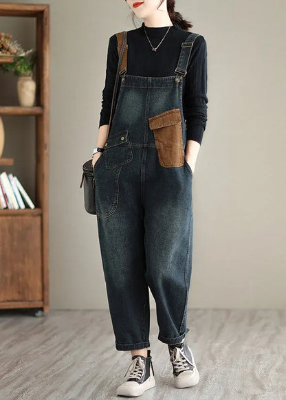 Dark Blue Pockets Patchwork Denim Jumpsuits Spring