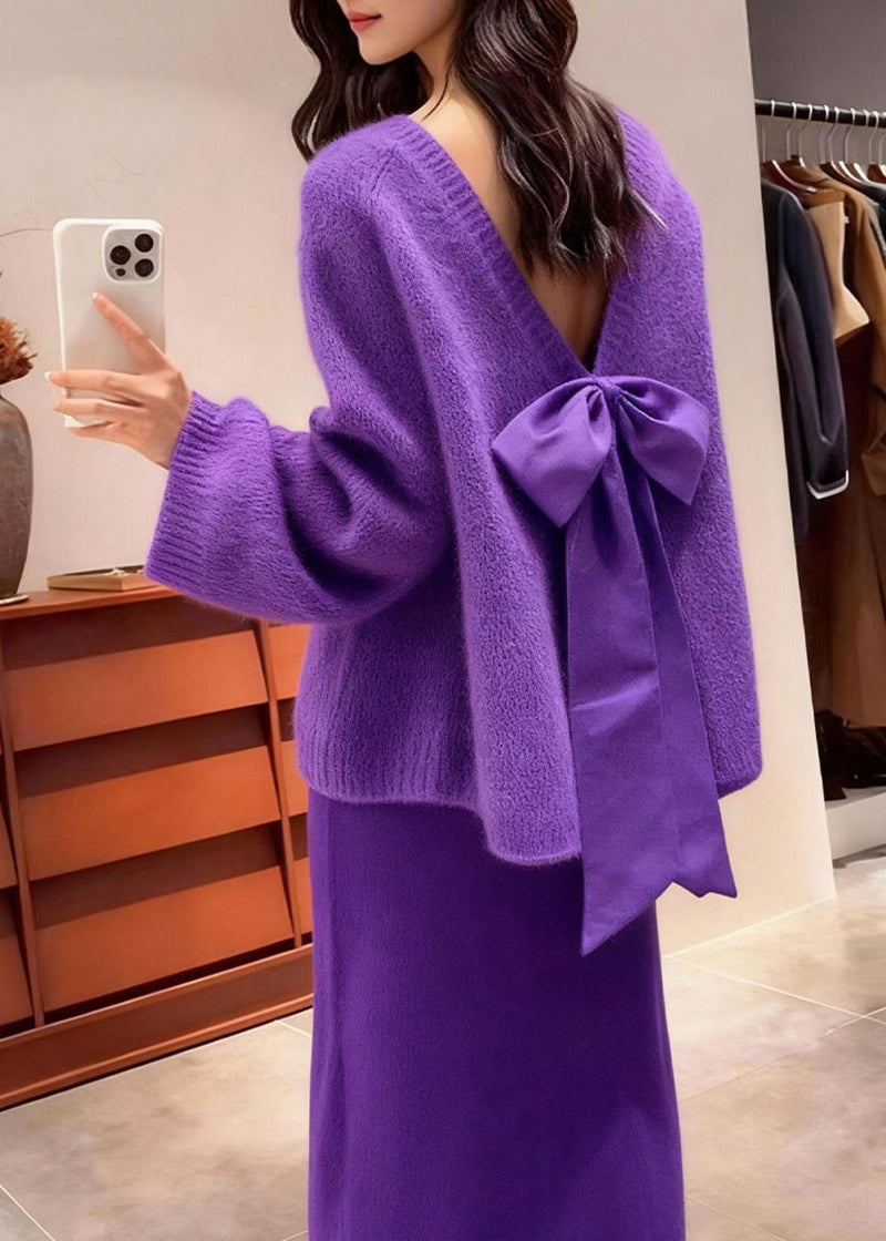 Purple Backless Bow Knit Two Piece Set Outfits Winter
