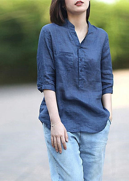 Navy Pockets Linen Shirt Top Stand Collar Button Half Sleeve