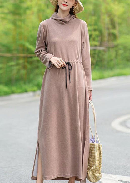 Diy Khaki Tunic Pattern High Neck Drawstring Spring Dresses