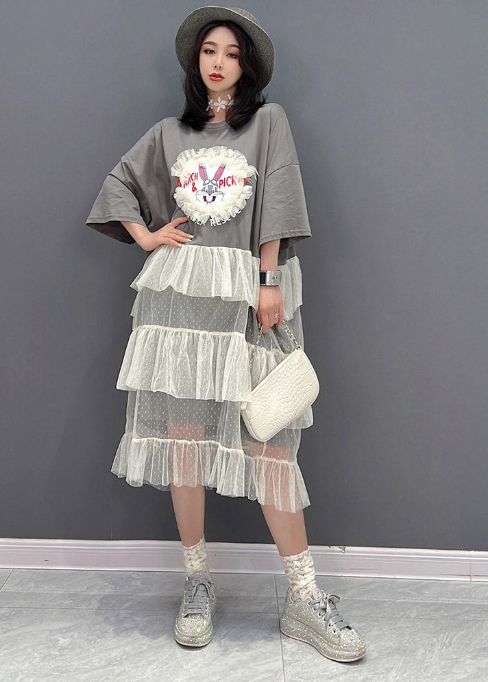 Grey O-neck Patchwork Tulle Dress Short Sleeve