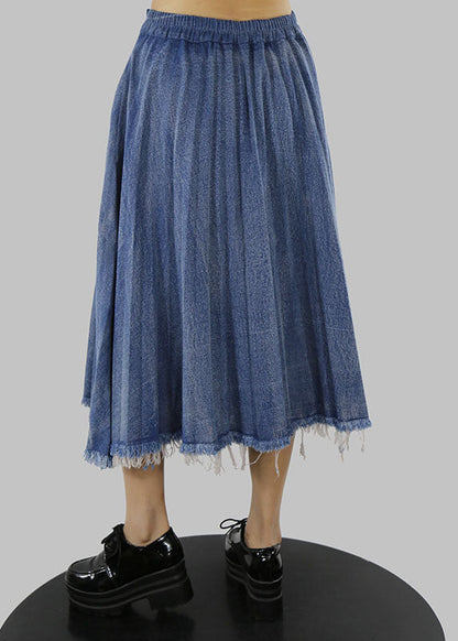 Blue Zip Up Elastic Waist Pleated Skirts Spring
