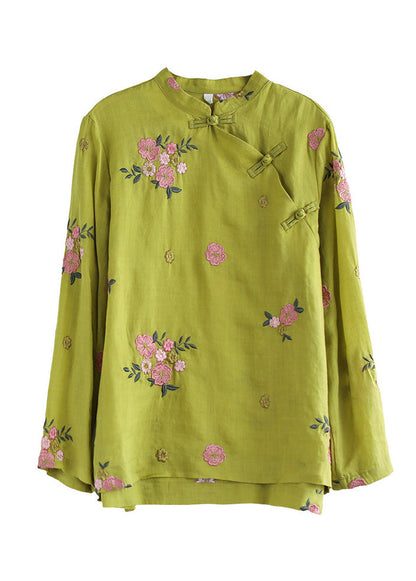 Fitted Yellow Mandarin Collar Embroideried Linen Blouse Top Long Sleeve