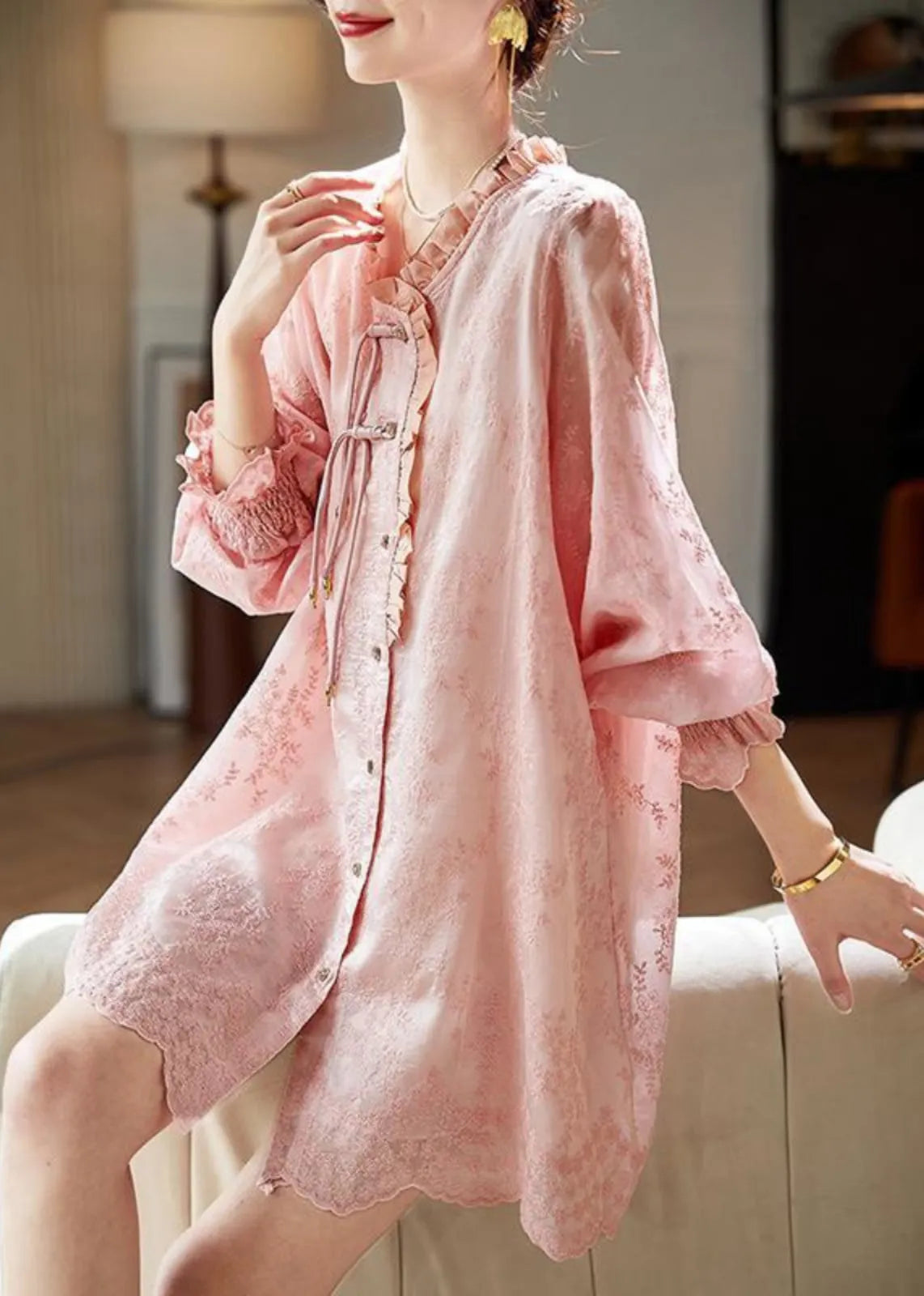 Loose Pink Embroidered Ruffled Button Cotton Shirts Dress Butterfly Sleeve