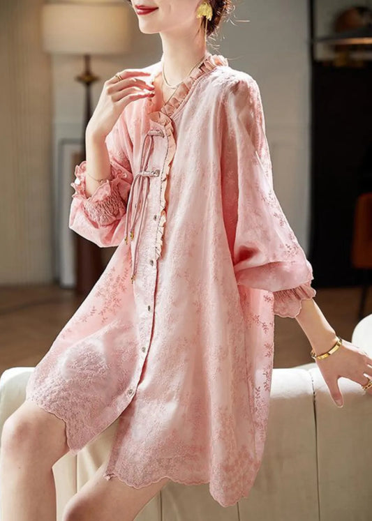 Art Pink Embroidered Ruffled Shirts Dress Fall