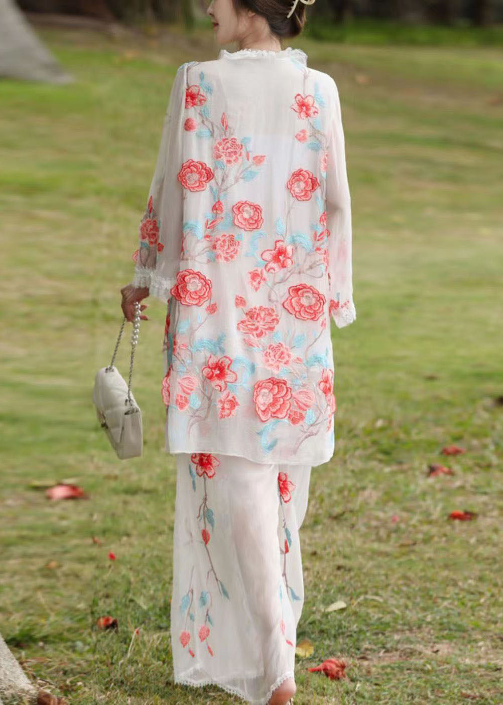 White Tasseled Asymmetrical Design Silk Two Pieces Set Fall