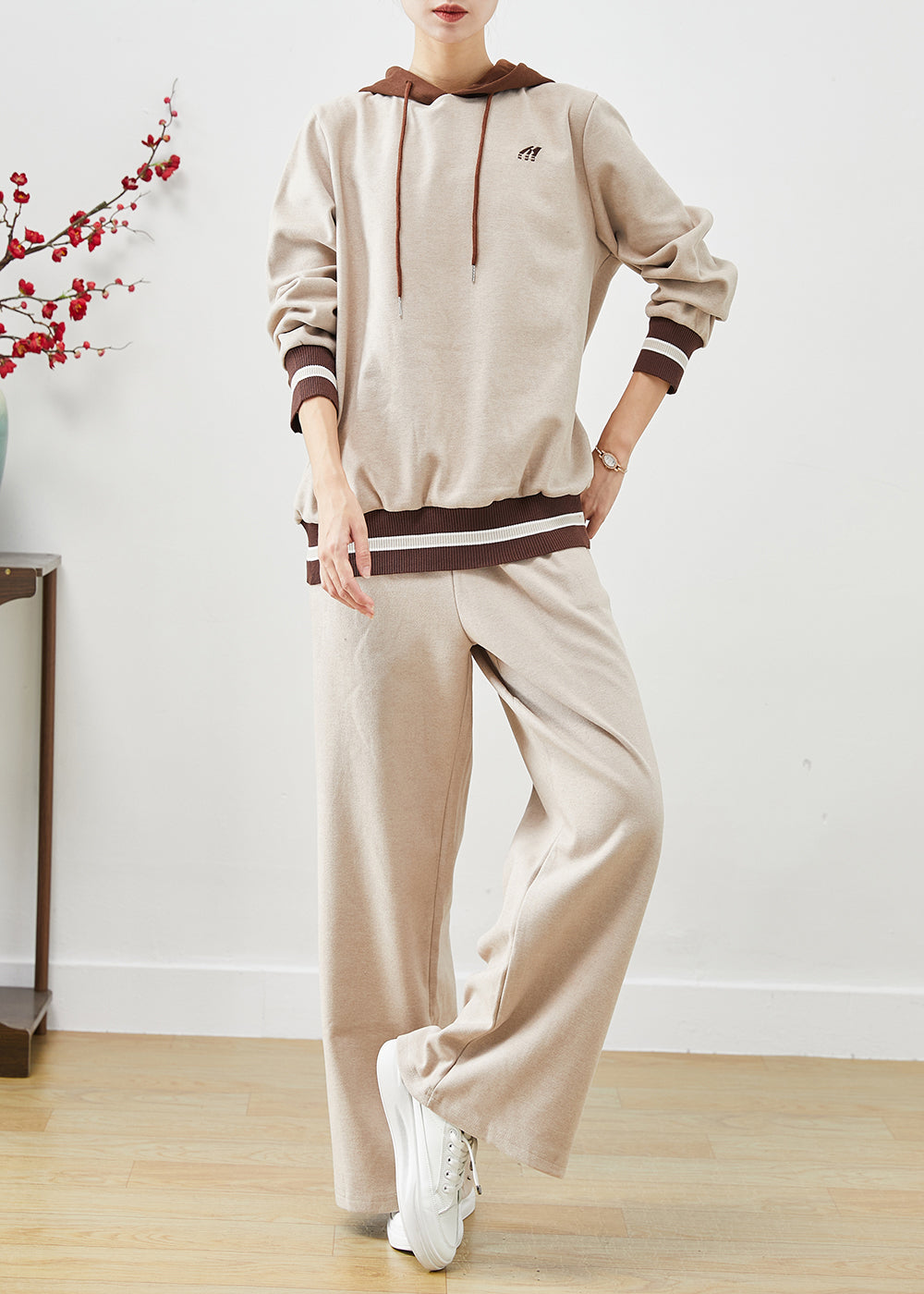 Beige Hooded Patchwork Cotton Sweatshirt Two Piece Set Outfits Fall