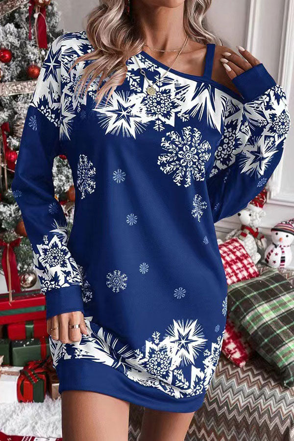 Christmas Snowflake Cold-Shoulder Loose Sweatshirt Mini Dress