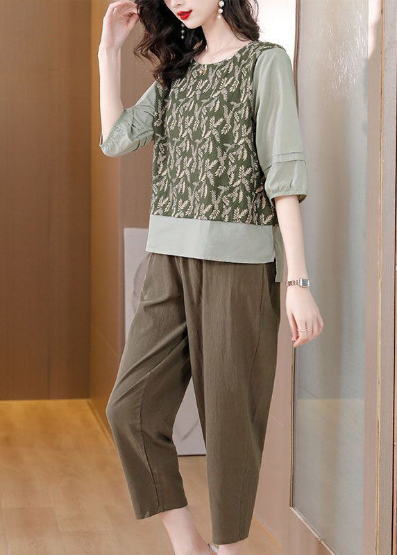 Green Embroidered Patchwork Linen Two Pieces Set Spring