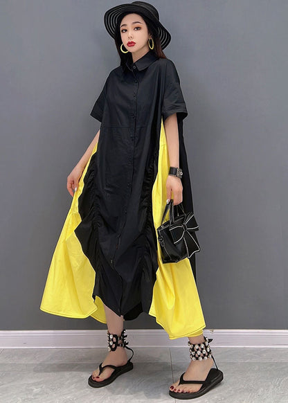 Black Yellow Colorblock Peter Pan Collar Wrinkled Cotton Shirt Dress Short Sleeve