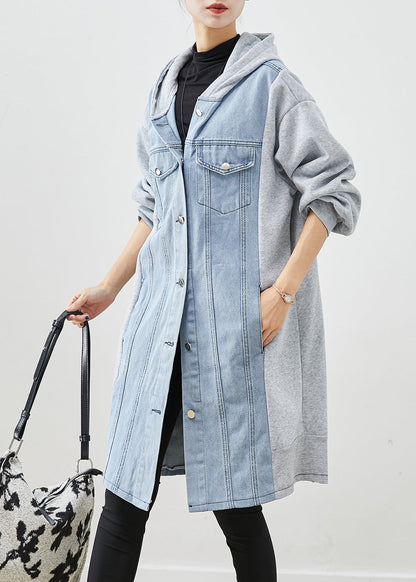 Blue Hooded Denim Patchwork Cotton Trench Fall