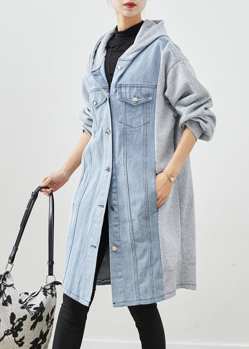 Blue Hooded Denim Patchwork Cotton Trench Fall