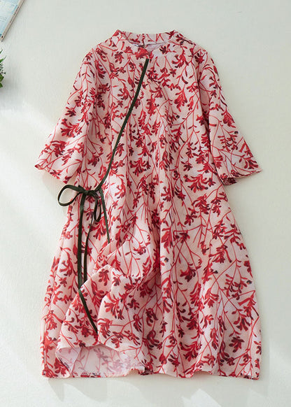 Diy Red Stand Collar Print Button Cotton Blend Holiday Cinch Dress Half Sleeve Summer