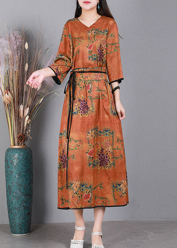 Green V Neck Print Wear on Both Sides Silk Long Dresses Bracelet Sleeve