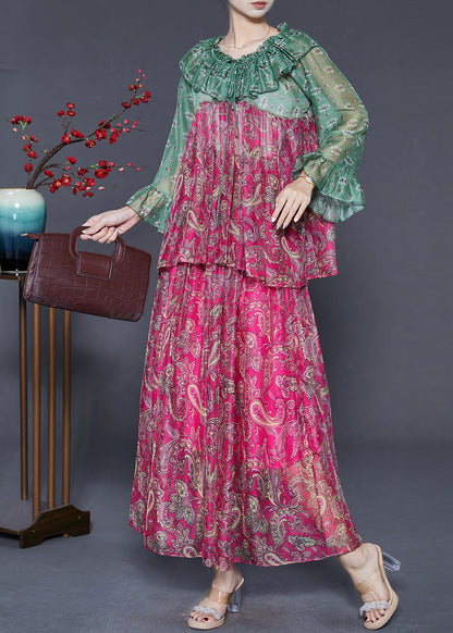 Rose Ruffled Patchwork Print Silk Two Pieces Set Fall