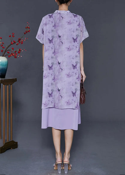Purple Butterfly Chinese Button Chiffon Fake Two Piece Dresses Summer
