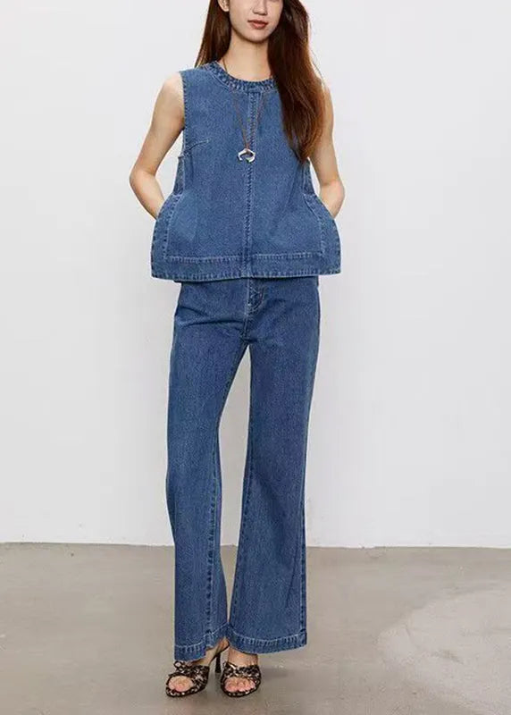 Blue Patchwork Denim Top and Jeans Two Pieces Set Sleeveless