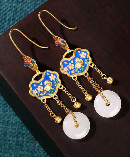 White Ancient Gold Jade Ping Buckle Birds Drop Earrings