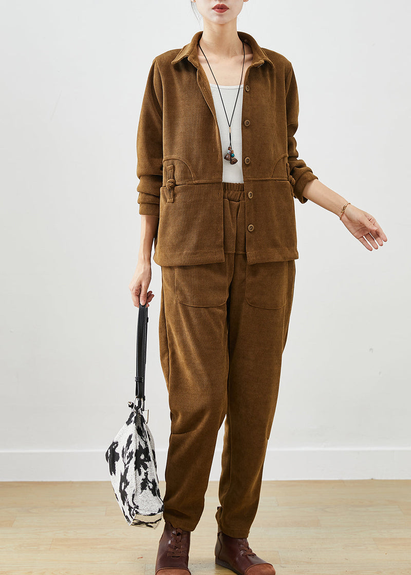 Khaki Chinese Button Warm Fleece Corduroy Sets 2 Pieces Winter