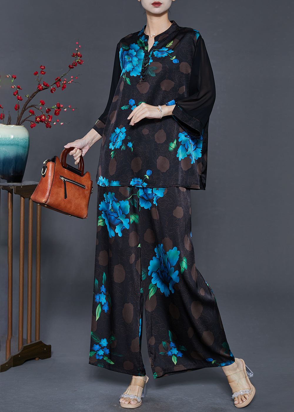 Blue Silk Two Piece Suit Set Oversized Fall